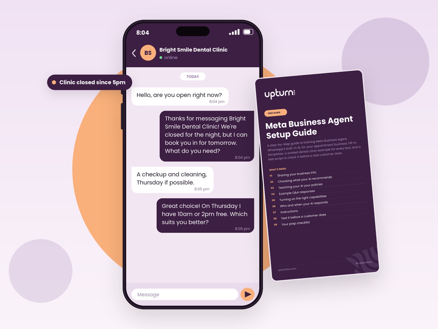 WhatsApp chat where an AI agent replies to a patient after hours, next to the cover of the Meta Business Agent Setup Guide